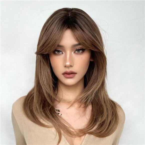 Wigs for Women Layered Synthetic Hair Wig with Highlight - Dark brown to brown